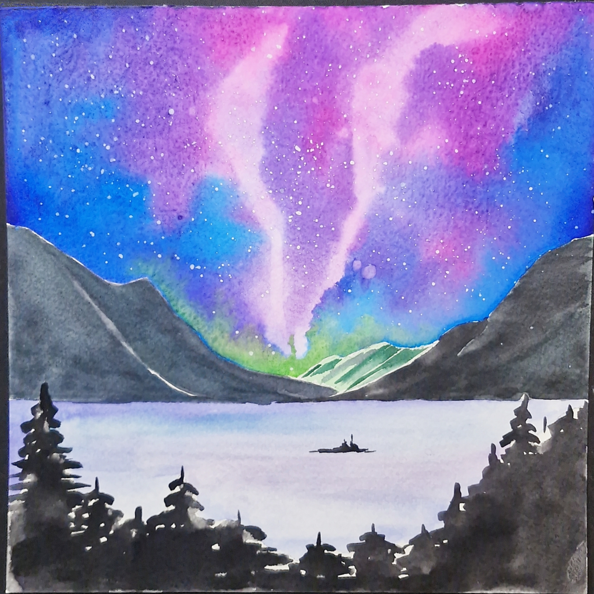 Aurora Borealis watercolor — original artwork by Ayesa Kaur, Science Artistry LLC
