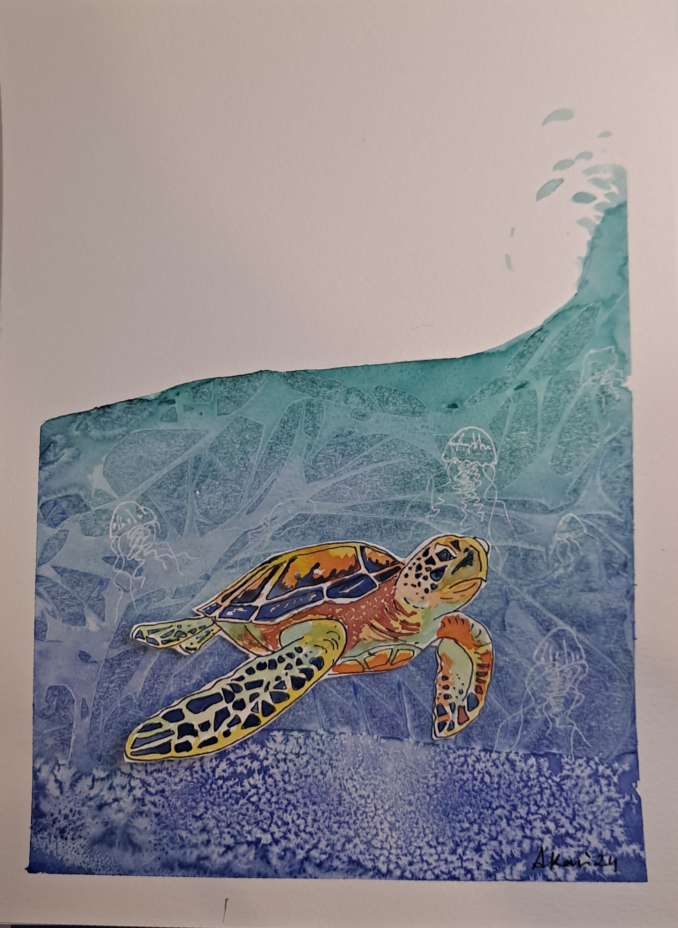 Sea turtle swimming — watercolor by Ayesa Kaur